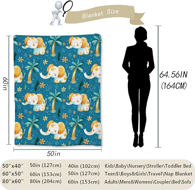 Adorable Elephant and Palm Tree Blanket, Soft Flannel Throw for Couch, Bed, Travel, Living Room & Home Decor, Cozy Lightweight Warm Fluffy Fuzzy Blankets for Adults Kids Women 80×60 in