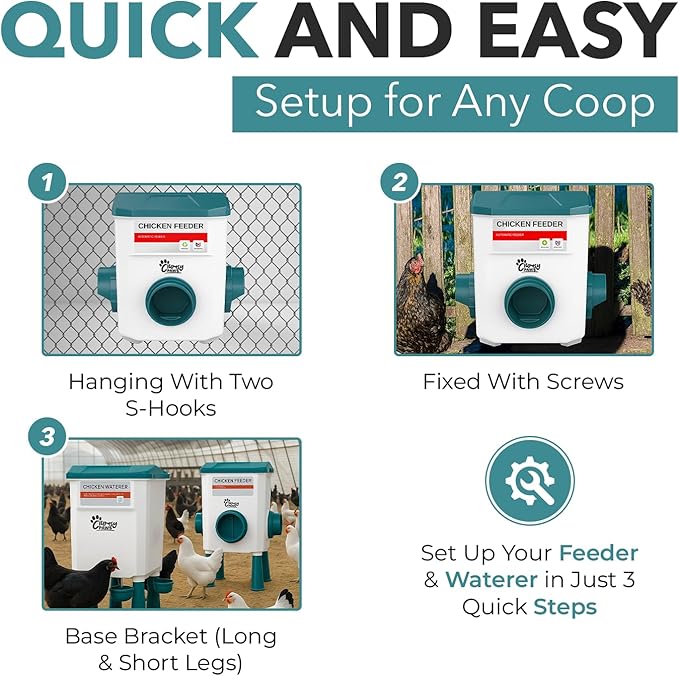 Automatic Chicken Feeder and Waterer Set, Adjustable 3 in 1 Poultry Feeder with Short & Long Legs & Hanging Hook, 7L Chick Waterer & 17.6lb Chick Feeder, No Waste Design for All Poultry Sizes