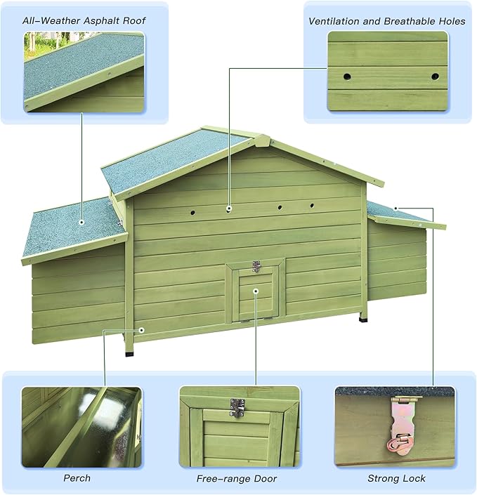 11.12 ft² Large Wooden Chicken Coop,Outdoor Hen House with 2 Free-Range Doors, 2 Nesting Boxes, Predator Protection, Ventilation, and Chicken Perch - Moisture-Proof Design for Poultry Green