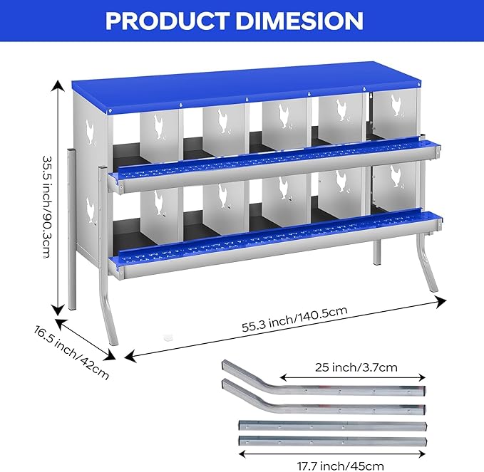 Two-Tier Removable Tray Design - Chicken Nesting Box for Small Animals - 10 Compartments, Galvanized Steel, Large Vented Holes, Wall Mount or Freestanding, Easy Clean - Blue, 10 Compartments ZW