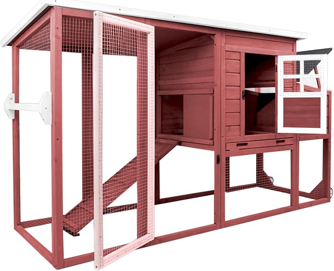 Chicken Coop Solid Wood with Large Run Cage 2 Stories - Asphalt Roof, Nest Box, Pu Wheels, Pole Chicken Perch