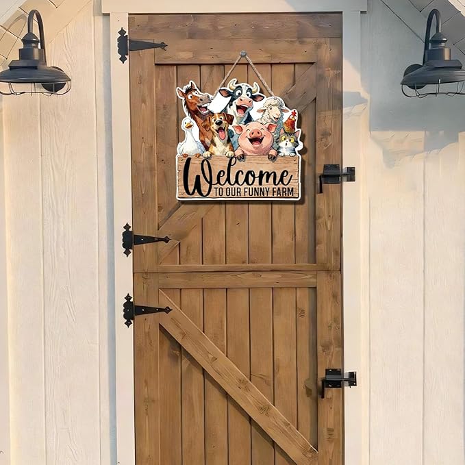 Farmhouse Wall Decor, Welcome to Our Funny Farm Animal Sign, Rustic Wood Hanging Plaque, Cartoon Watercolor Style Wall Art Painting for Porch Entryway Kitchen or Bedroom, 10.2x9.8 Inches