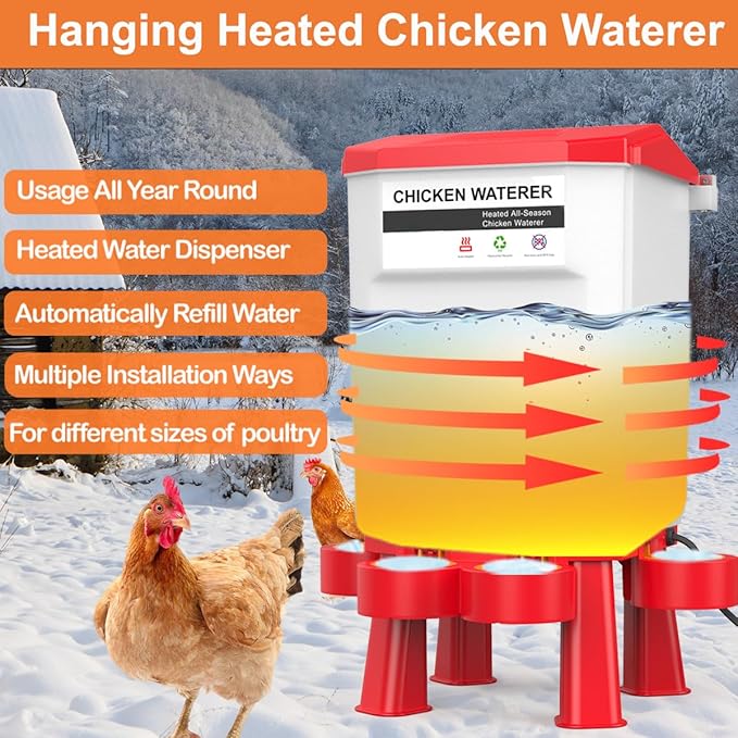 Hanging Heated Chicken Waterer, 3 Gallon Plastic Chicken Water Heater Heated Poultry Drinker, Detachable Legs, Winter and Summer Dual-use, Poultry Water Heater for Chicken Goose Duck - Red