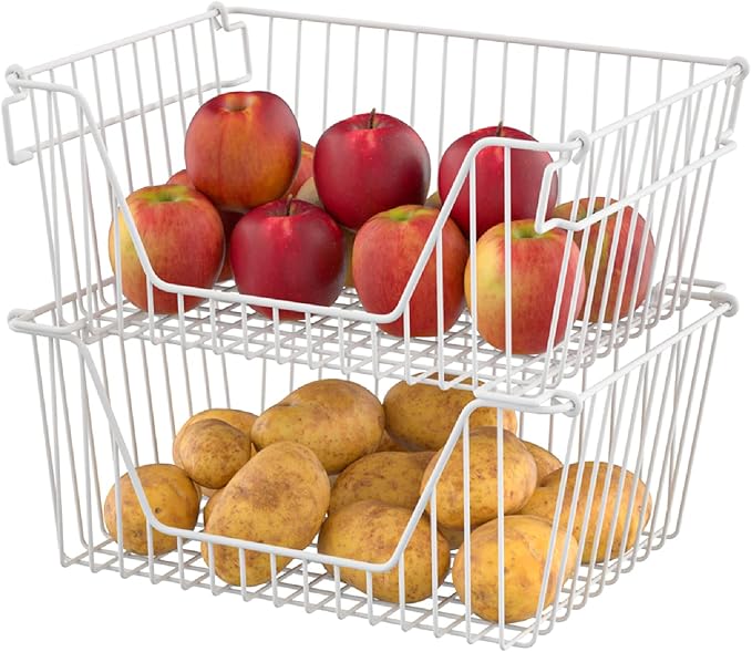 Slideep 14'' Large Stackable Storage Baskets Cabinet Organizer Sturdy Metal Wire Pantry Freezer Bin for Pantry Home Bathroom Kitchen Organization White - 2 Pack