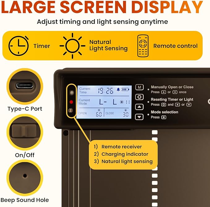 Okkobi Automatic Chicken Coop Door Solar Powered - LCD Display - Light Sensor & Timer - Security & Peace of Mind: Anti-Pinch Function - 5-Year Protection - Dark Brown