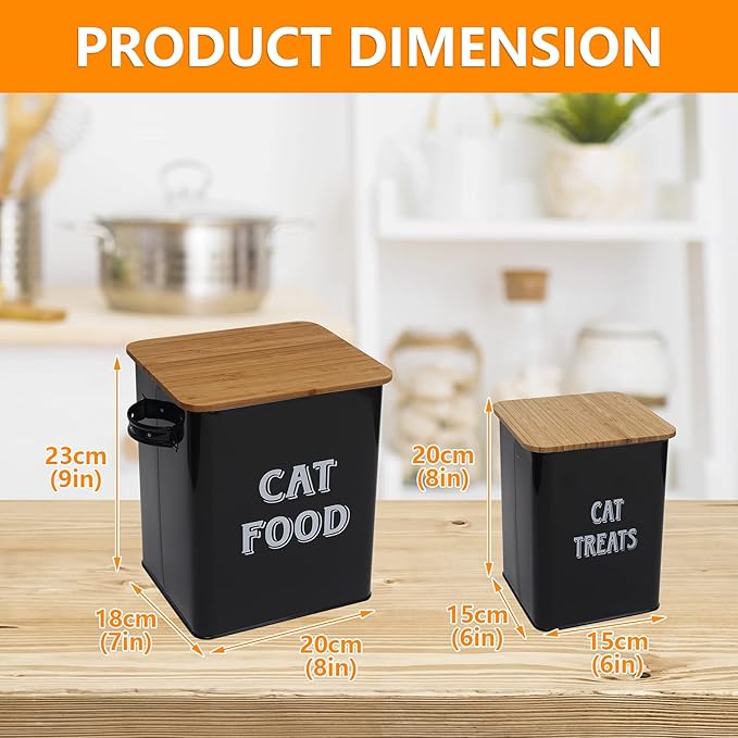 Cat Food Storage Container Farmhouse Pet Food Treats Bin with Lid and Scoop, Perfect Sturdy Canister Tins for Kitchen Countertop, Shelf, Great Gift for Pet Owners - Cat Food - Black