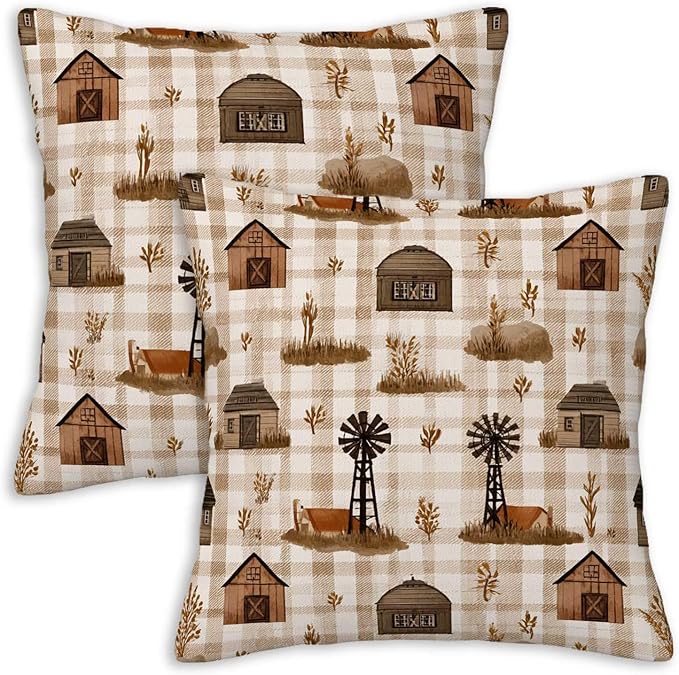 Barn Gingham Farmhouse Throw Pillow Covers 18x18 Inch, Set of 2 | Country Rustic Square Cushion Cases for Couch Sofa Living Room | Neutral Beige Home Decor, Decorative Pillowcases
