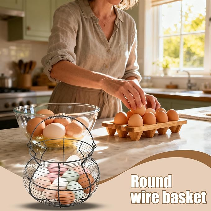 Wire Egg Gathering Basket - Farmhouse Metal Storage Holder, Vintage Chicken Coop Carrier with Wooden Handle Grip | Fresh Eggs Gatheringg Baskett for Kitchen Pantry Decor