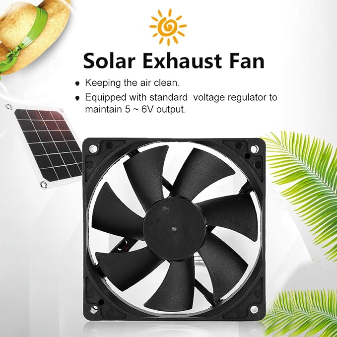 Solar Exhaust Fan, USB Solar Panel Fan Kit 6V 10W Outdoor Monocrystalline USB Charging for Small Chicken Coops, Greenhouses, Sheds,Pet Houses, Window Exhaust