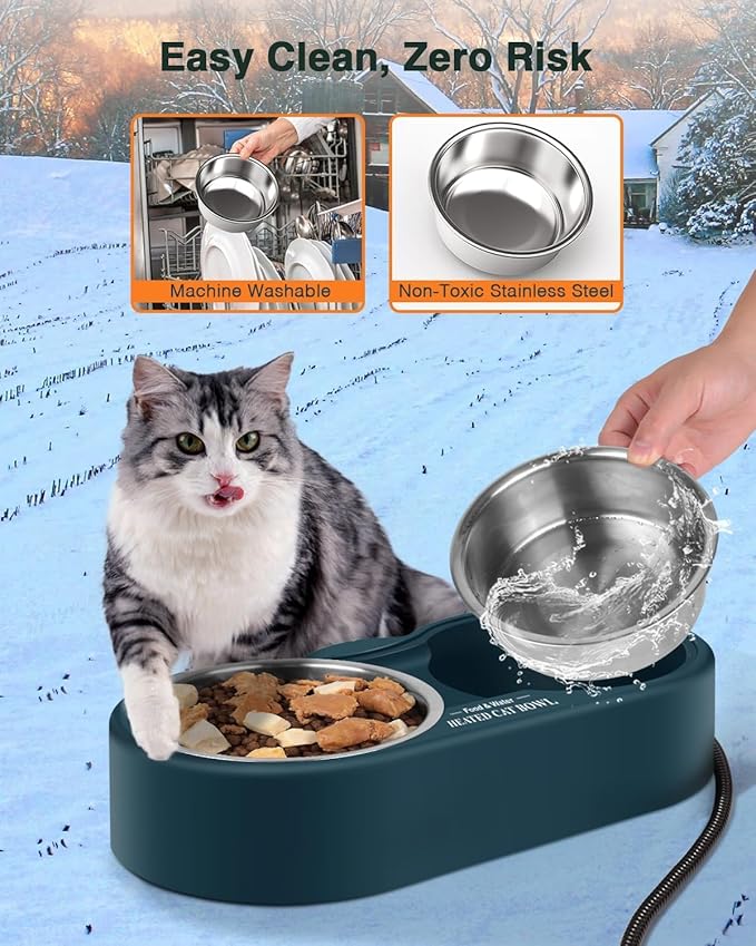 Heated Water Bowl for Outdoor Cats, 2 Thermal Stainless Steel Heated Cat Bowl for Outside, Ice Free & BPA Free Heated Pet Bowl for Small Animals Squirrel Rabbits Chickens Bird Bath in Winter