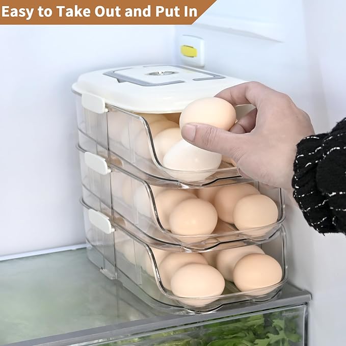 Egg Dispenser for Refrigerator, 3-Layer Clear Plastic Egg Holder Adopt Transparent PET Material & Hidden Handle Design – Egg Organizer for Refrigerator with Cover Lock Buckle (Capacity of 42 Eggs)