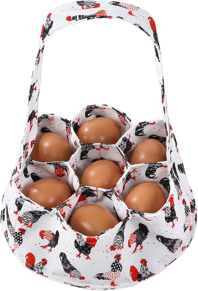 Egg Collecting Basket, Canvas Egg Basket for Gathering with 7 Pouches for Chicken, Duck, Goose, Bird, Various Poultry Collection (Red-tailed)