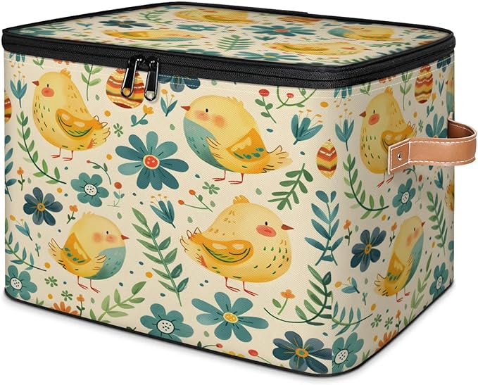 Storage Cubes with Lid Fabric Storage Bins Boxes PU Leather Handles, Farmhouse Chicken Closet Organizer Container Foldable Washable Shelf Cloth Basket, Vintage Farm Chicken