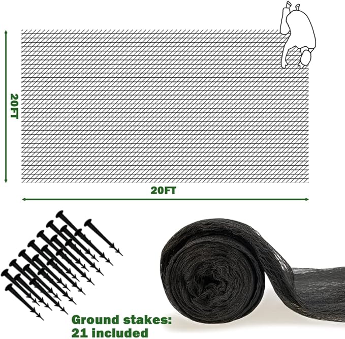 POYEE 20x20ft Pond Netting for Leaves Leaf Net Cover Pond Net with Small Fine Mesh Protecting Koi Fish from Birds Cats Stakes Included