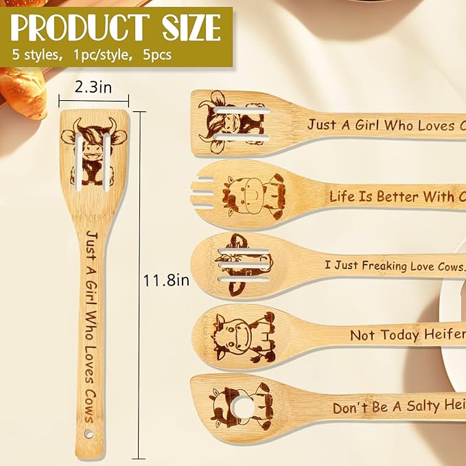Highland Cow Gifts for Women - Cow Wooden Spoons for Cooking Mothers Day Gifts Bamboo Highland Cow Kitchen Accessories Cow Decor for Cow Lovers Engraved Wooden Cooking Spoons Cow Stuff 5PCS