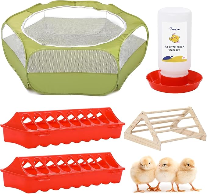 Pawaboo 5-in-1 Chicken Brooder Box for Chick Starter Kit, Includes Pet Cage Tent, Chicks Perch, Chick Feeder, 1.1L Chicks Waterer, Chicken Supplies (Brooder Set), Green + Red + Wood Color