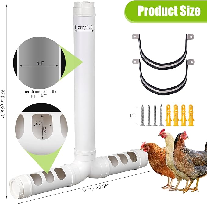 PVC Pipe Chicken Feeder No Waste Automatic Chicken Feeder Tube 12 Lbs Capacity, Wall Mounted Gravity Fed Poultry Feeder with 6 Feeding Holes for Chicken Coop