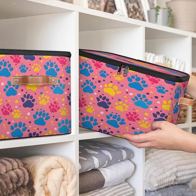 Storage Cubes with Lid Fabric Storage Bins Boxes PU Leather Handles, Dog Pet Paw Print Closet Organizer Container Foldable Washable Shelf Cloth Basket, Paw Print Colorful