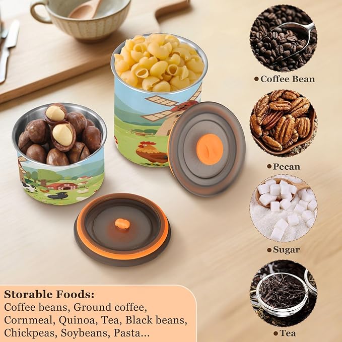 Cartoon Farm Animals Coffee Canister 30oz Stainless Steel Airtight Food Storage Container with Lid for Beans/Cereal Preserval