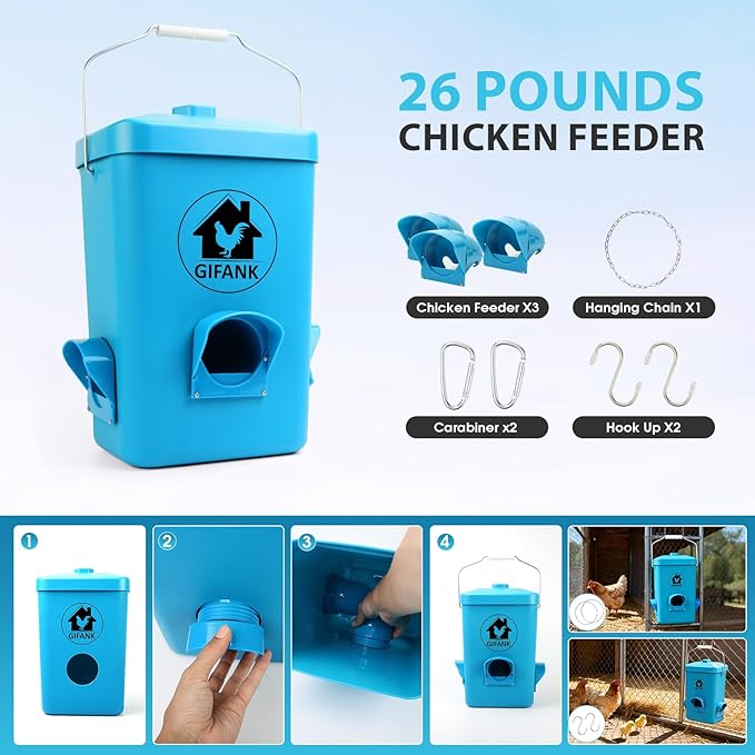26 Pounds Chicken Feeder, Automatic Chicken Feeder No Waste Waterproof,Hanging Poultry Feeders with 3 Feeders Ports Chicken Coop Accessories for Duck,Turkey