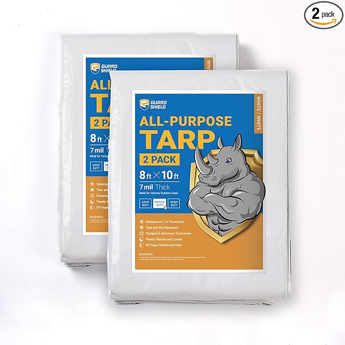 GUARD SHIELD White Tarp 8x10 Feet Medium Duty All Purpose Poly Tarps Cover 7mil (2-Pack)