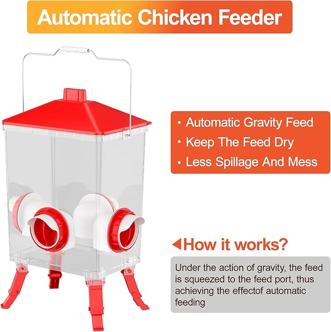 3.6 Gallons Chicken Feeder Bucket with 3 Adjustable Heights, 4 Port Feeder and Anti Roost Cone