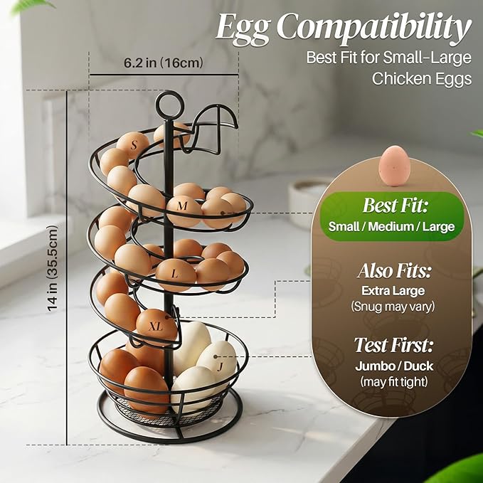 Flexzion Metal Egg Skelter Countertop Egg Holder - Sturdy Black Spiral Egg Holder with Bottom Basket and 360-Degree Rotatable Middle Pole Up to 36-Egg Capacity, Egg Storage Rack Solution