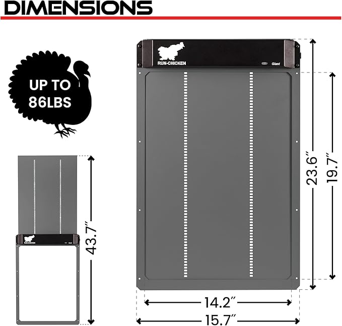 RUN-CHICKEN Door Giant – Large Automatic Poultry Coop Door for Ducks & Turkeys, Not for Chickens, Battery Powered/Solar Compatible, Heavy-Duty Aluminum, Predator Proof, Easy Install (Gray)