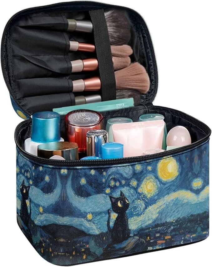 Black Cat Starry Night Print Travel Makeup Bags for Women Portable Tote Cosmetic Case with Carry Handle Toiletry Accessories Storage Organizer Bags