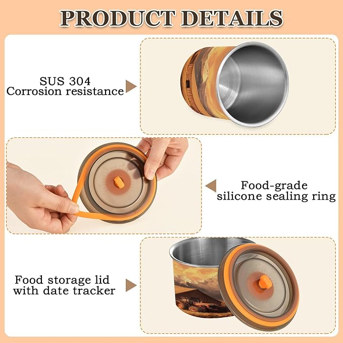 Coffee Canister Vintage Farm Pattern Airtight Stainless Steel Coffee Container, 17 OZ Food Storage Container for Coffee Beans, Ground, Sugar, Tea, Flour, Rice