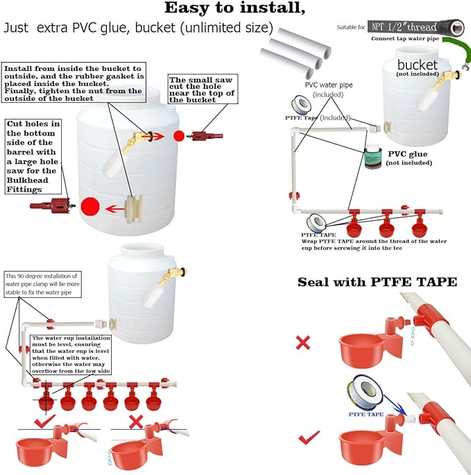 Complete Set Automatic Chicken Waterer Cups,with PVC Pipelines,Chicken Water Cups,PVC Tee Fittings,Float Valve,DIY Chicken Watering System, Poultry Feeding Water,Poultry Watering System,Chicken Waters