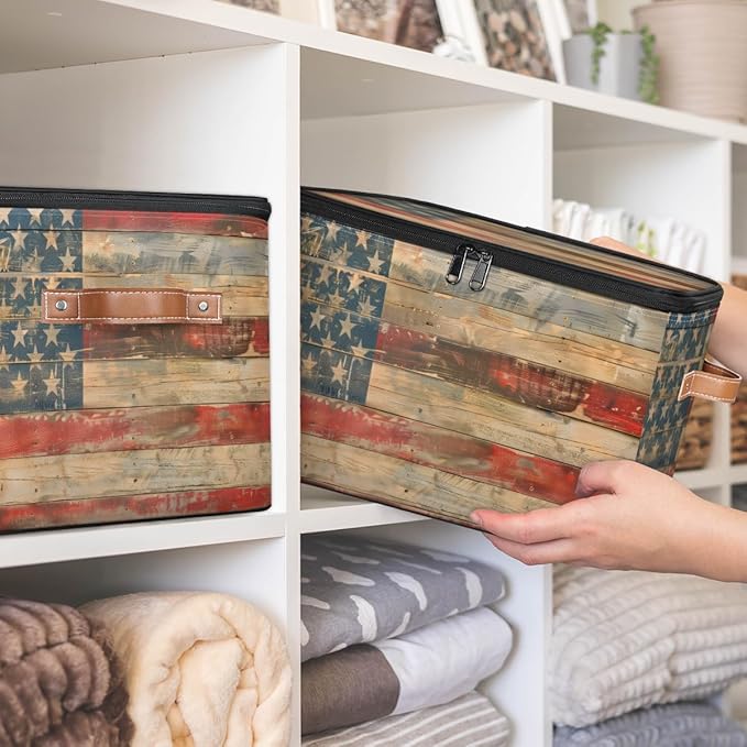 American flag Storage Bins with Zipper Lid, Vintage Wooden Lidded Storage Baskets Boxes Foldable Organizer with Leather Handles for Clothes Closet Shelf