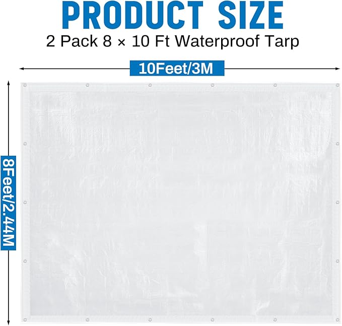 2 Pcs 8x10 ft Clear Tarp with Grommets Heavy Duty Transparent Tarp Waterproof 8mil Green House Cover with Rope for Plant Garden Patio Chicken Coop Porch (Woven Style)