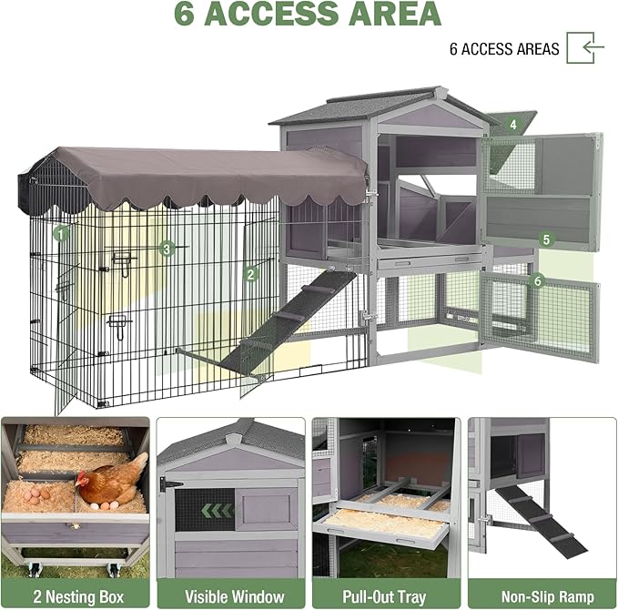 Large Mobile Chicken Coop with Run, 79" Outdoor Wooden Poultry Cage on Wheels, All-Steel Frame Hen House, Waterproof Roof, Nesting Box, for 4-6 Chickens