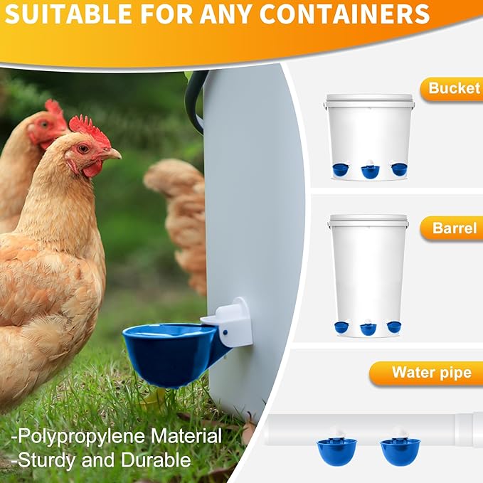 Chicken Water Cups 12 Pack, Automatic Filling Waterer Feeder Bowl, Gravity Poultry Watering System, Chicken Water Dispenser, Chicken Coop Accessories for Hens, Duck, Goose, Turkey (Blue)