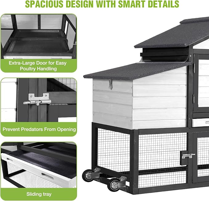 GUTINNEEN Large Chicken Coop with Wheels, Expandable Mobile Chicken House for Outdoor Use, Hen House Poultry Cage with Nesting Box, Leakproof Pull-Out Tray & UV-Resistant Roof – Black