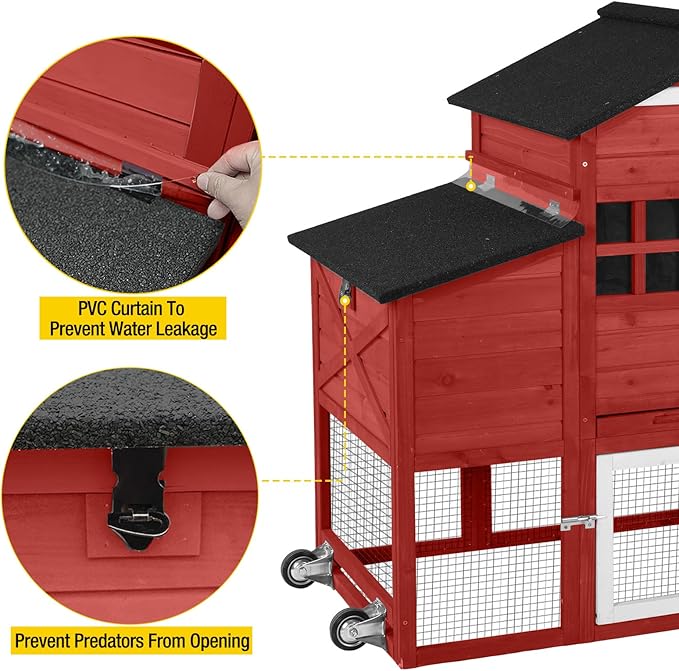 Aivituvin Chicken Coop Mobile Chicken House on Wheels, Rabbit Hutch Bunny Cage Expandable Wooden Poultry Cage with Large Nesting Box Leakproof Pull-Out Tray,UV-Resistant Roof (Red, AIR32)