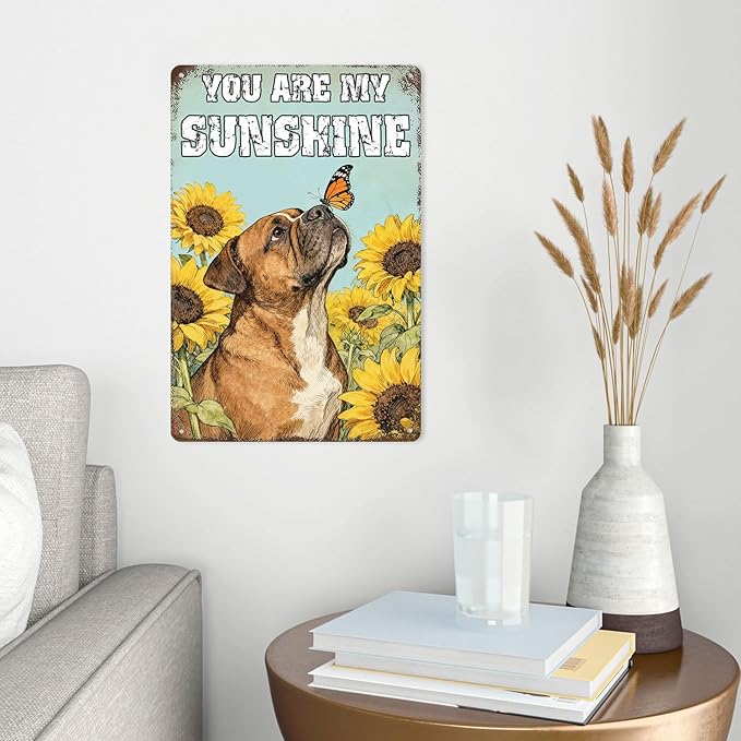 Vintage Rustic English Bulldog Tin Sign ‘You Are My Sunshine’ With Butterfly & Sunflower Metal Wall Art For Home, Kitchen, Bar, Café, Garden 8x12 Inch