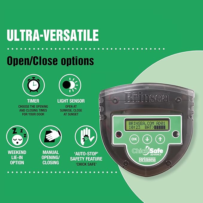 Brinsea ChickSafe Advance Automatic Chicken Coop Door Opener and Door Kit for Hen House with Programmable Timer, Digital Display, Space Saving 2-Stage Aluminum Door