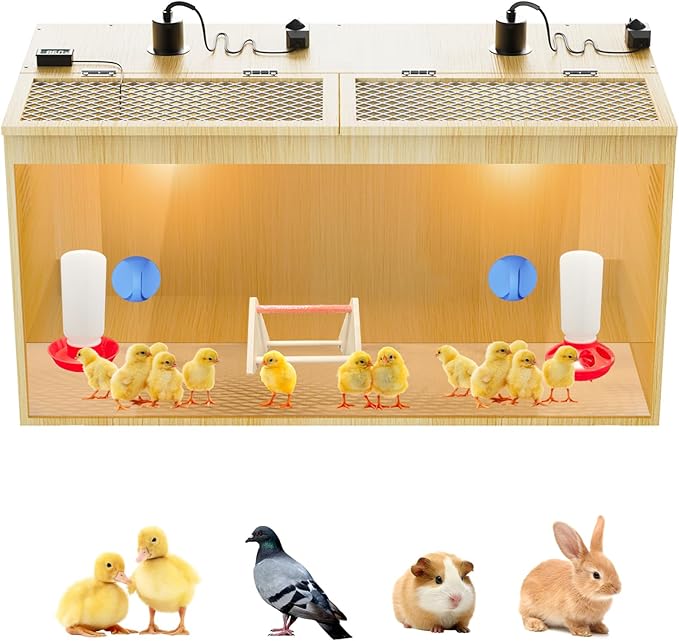 Brooder Box for Chicks, 32 Inch Large Wooden Chicken Brooder Box with 75W Heat Lamps, Thermometer, Chicken Feeder & Waterer Set, Tin Foil, Ideal for 12-15 Newborn Chicks Ducks Quails, Large