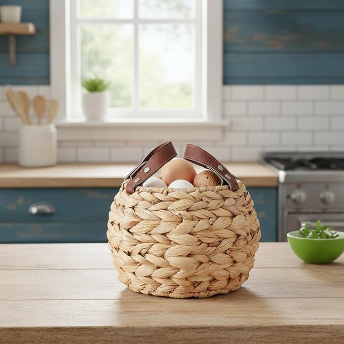 Farmhouse Egg Basket, Water Hyacinth Egg Collecting Basket,Round Wicker Basket with Handle,Large Capacity and Carrying Fresh Eggs,Egg Holder Countertop Cottage Decor for Kitchen