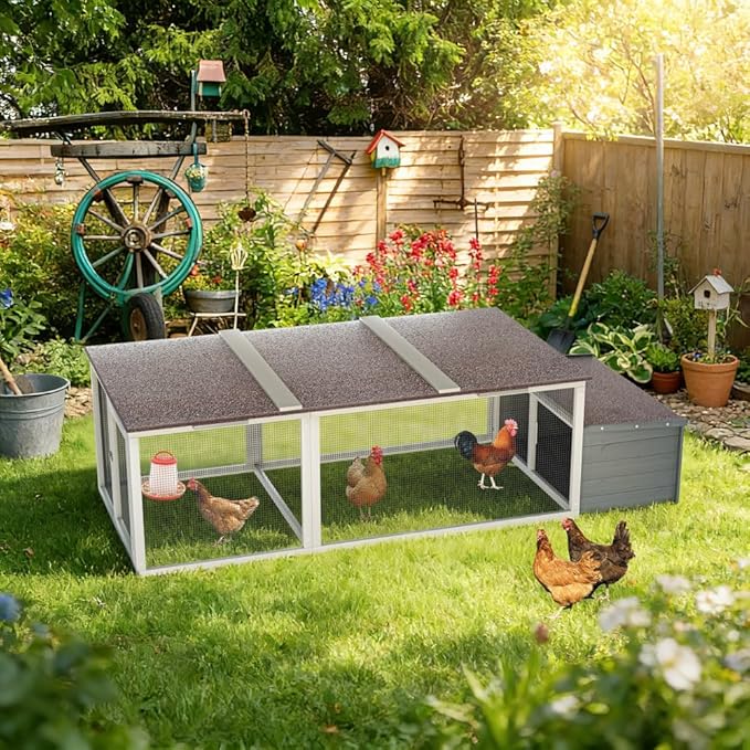 Large Wooden Chicken Coop with Nesting Box Weatherproof Asphalt Roof Walk-in Poultry Cage Secure Locks Metal Mesh Run for Backyard Farm (Gray-1)
