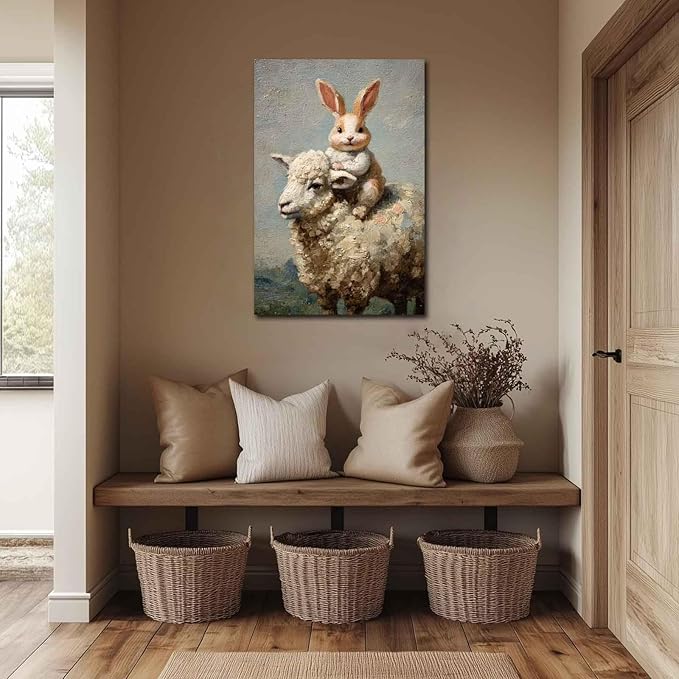 MNFGMH Easter Art Spring Bunny and Sheep Easter Canvas Prints Farmhouse Rabbit Pictures Artwork Modern Home Decor Gift Wooden Frame 8x12 inch