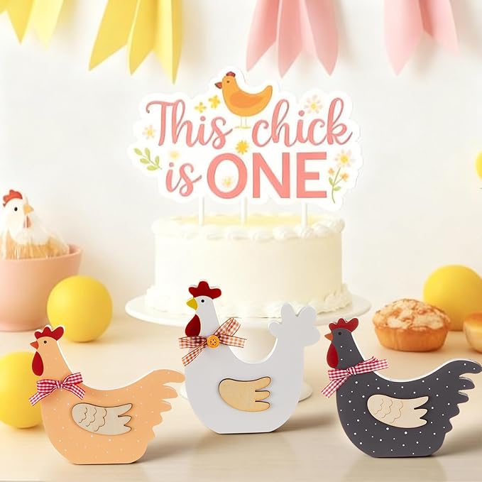 3 Pcs Chicken Wood Table Sign, Chick Is One Decorations Centerpieces Rooster Wooden Decor for Animal Theme 1st Birthday Party Farm Tiered Tray Decor Baby Shower Home Office