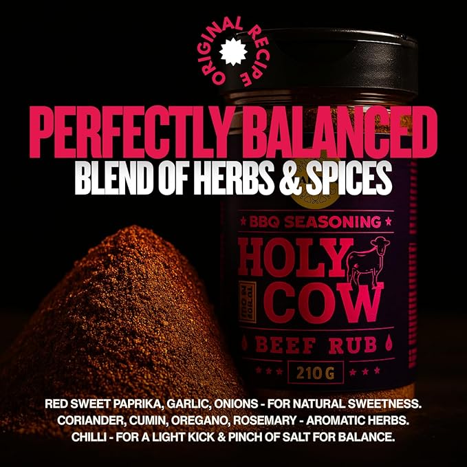 Holy Cow BBQ Beef Rub - 100% Natural Seasoning - Packs Amazing Flavour Into Any Cut Of Beef For Wonderful BBQ And Grill Dishes - Perfectly Balanced Blend Of Spices - Large Jar (210g)