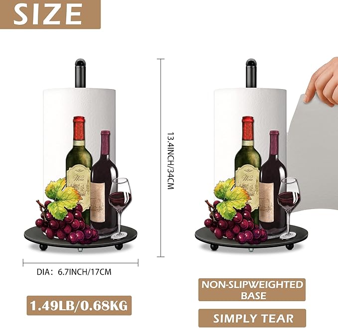 Hexagram Wine Decor Paper Towel Holder - Rustic Country Kitchen Countertop Decor for Red Wine Lovers - Cute Farmer Grape Housewarming Gift for Enophile