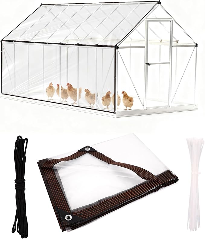 Waterproof Chicken Coop Cover for Winter, 300x200cm/6.6x10in Tear-Proof & Windproof Run Sidewalls Insulation with Rope & Cable Tie Wrap Tarp Winterizing Accessories for Outdoor Poultry Cage (Clear)