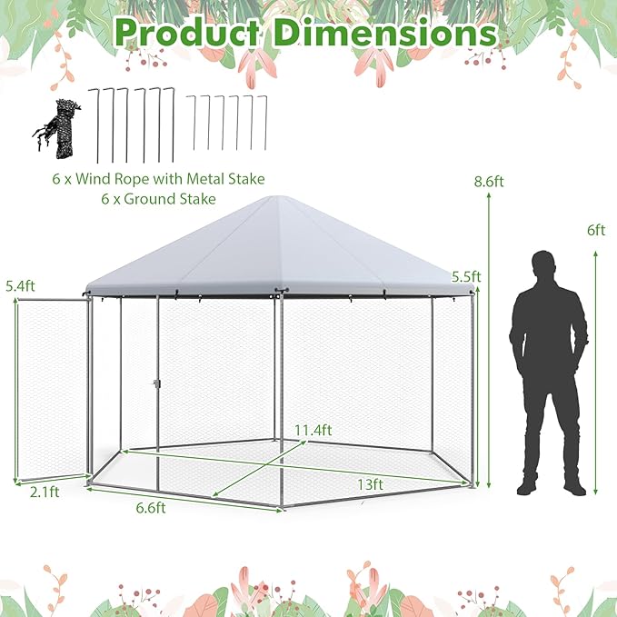 Giantex Large Metal Chicken Run, 13ft Hexagon Walk-in Chicken Coop with Waterproof Cover, Heavy Duty Steel Frame, 12 Stakes, Outdoor Poultry Cage House Chicken Pen Hen Duck Habitat for Farm Yard