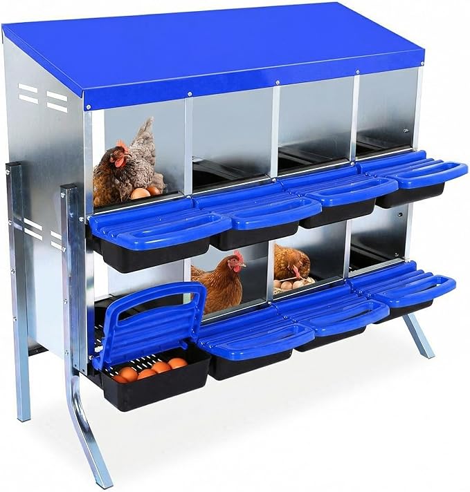 Chicken Nesting Box, 8 Compartments Metal Roll Away Nest Box for Chicken Coop, Heavy-Duty Eggs Laying Boxes with Removable Lid for Easy Egg Collection, Easy Cleaning, Blue