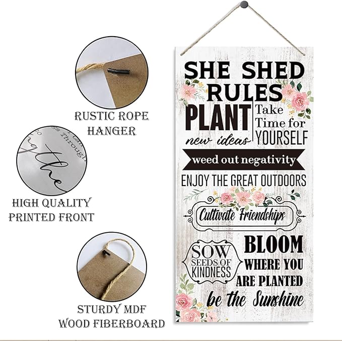 Inspirational Wood Sign, She Shed Rules Plant New Ideas Sign, Girls Room Decor, Bedroom Wall Decor, Office Decor, Decorative Wood Hanging Wood Plaque, Encouragement Gift for Her Women Friends